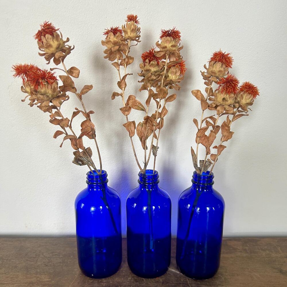 Set of 3 Vintage Cobalt Blue Glass Bottles | Bud Vases | Apothecary Cottagecore